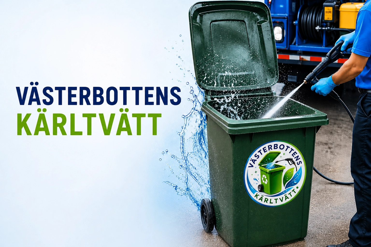 Västerbottens Kärltvätt — sopkärl rengörs med högtryck av servicepersonal