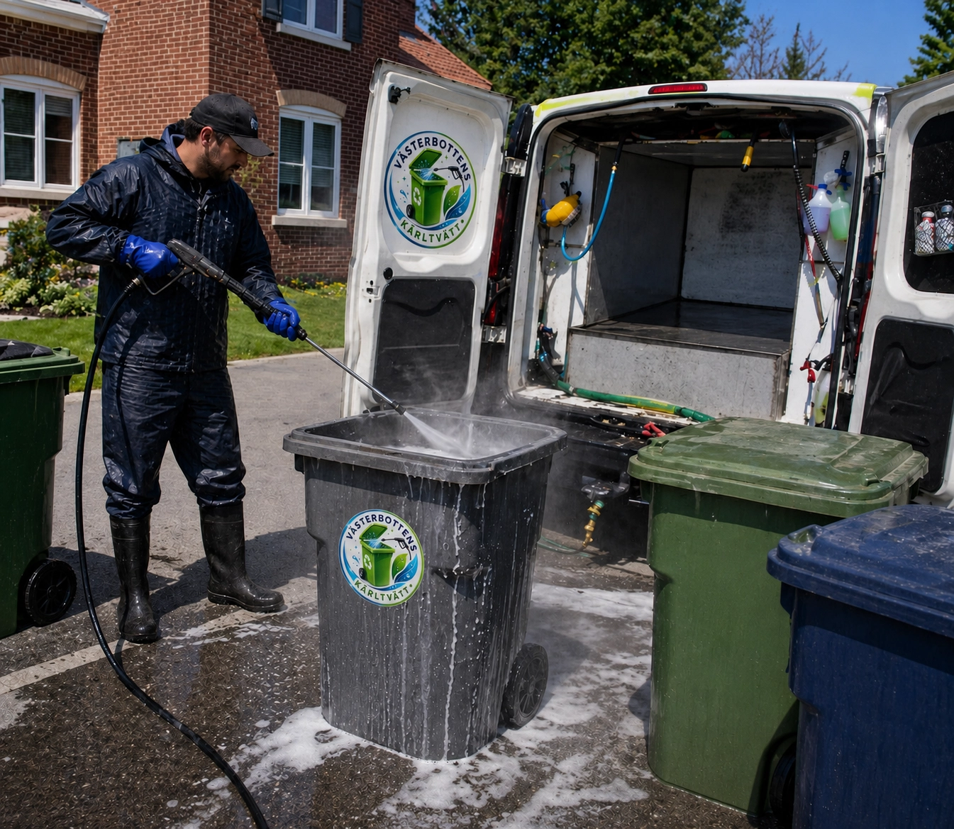 Servicebil från Västerbottens Kärltvätt med medarbetare som rengör sopkärl