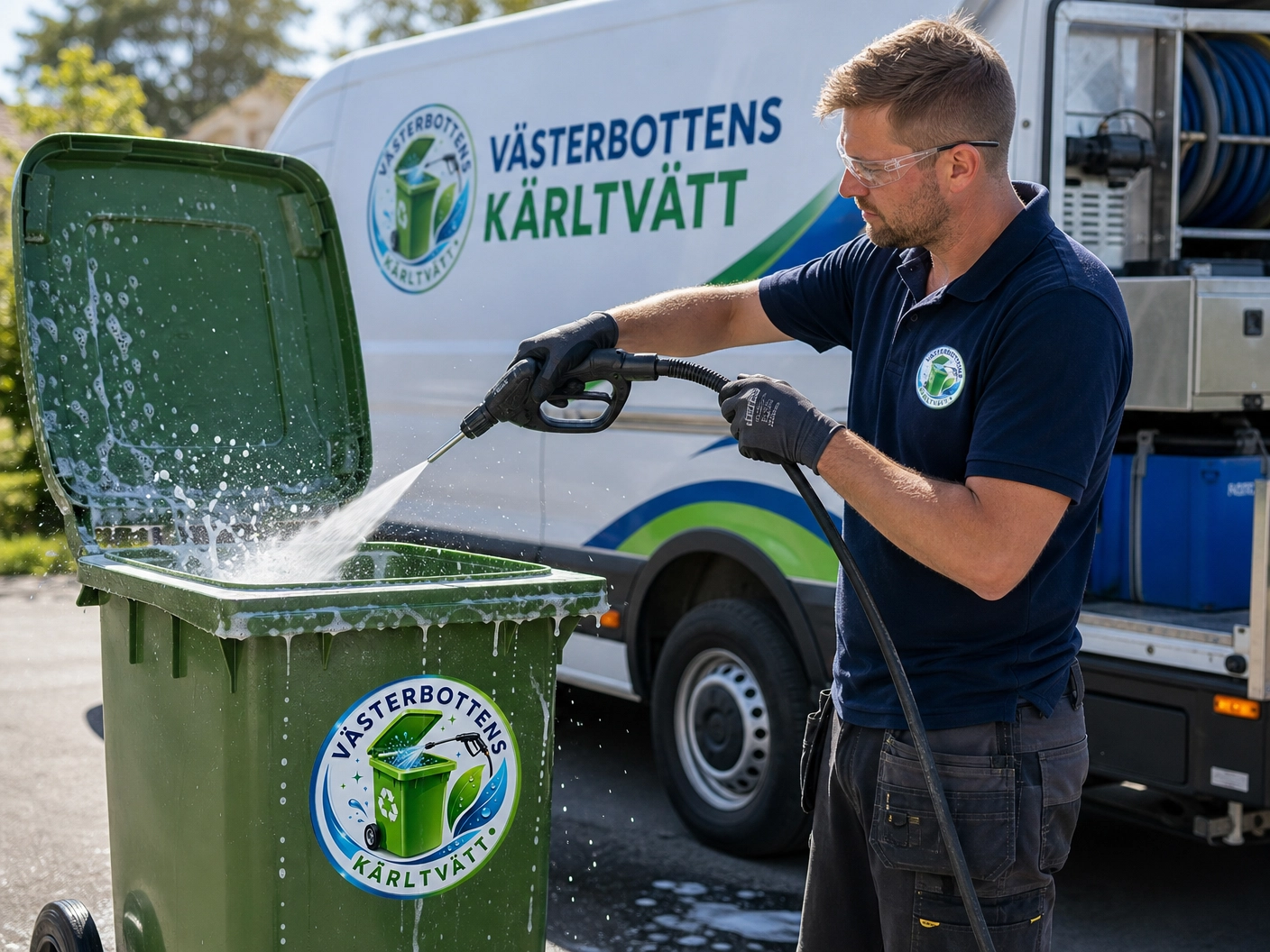 Medarbetare i Västerbottens Kärltvätt-uniform rengör ett sopkärl utanför servicebilen